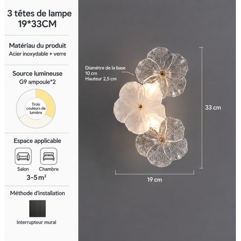 Applique murale fleur en verre LED petite taille variation 3 couleurs moderne 33 × 33 × 15 cm 2 g – Livraison gratuite