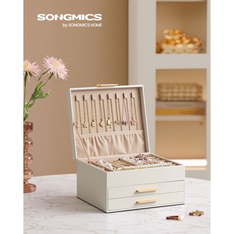 Boîte à Bijoux Femme, 3 Niveaux avec Tiroirs, en PU, Blanc (1/5)
