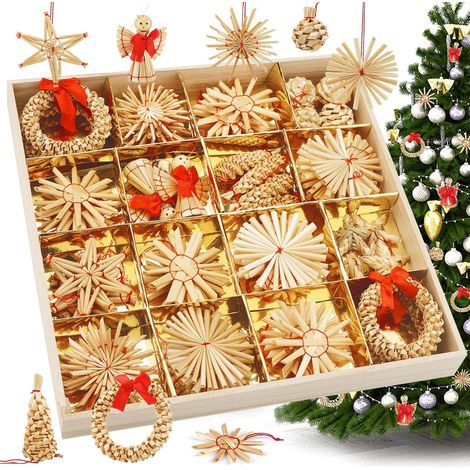 Decorations de Noel pour Sapin (56 Pcs) - Suspension Sapin Noel en Paille de Blé Naturel Fait Main - Motifs Assorti avec Ficelle - Déco Sapin Noel Naturel (1/5)
