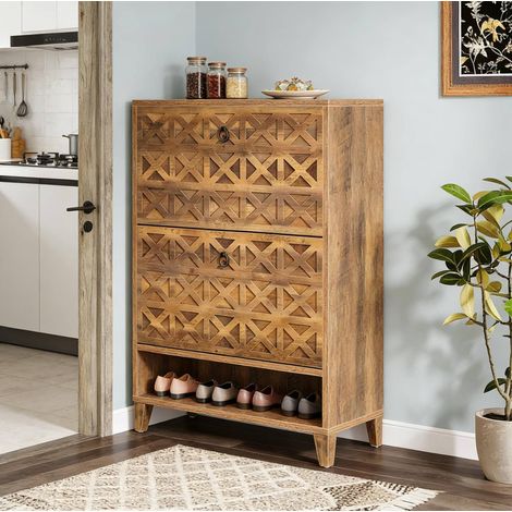 Mobile porta scarpe 80 x 24 x 110 cm con 2 ribalte, ripiano aperto, marrone HAVRYA (1/5)