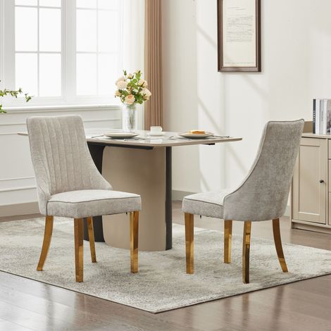 Lot de 2 chaises de salle à manger avec dossier haut, en chenille avec pieds en métal doré, beige