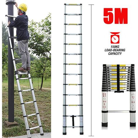 Échelle télescopique 5m en aluminium – 13 marches – Charge max 150kg – Antidérapante – Pliable et compacte pour espaces confinés – Day Plus