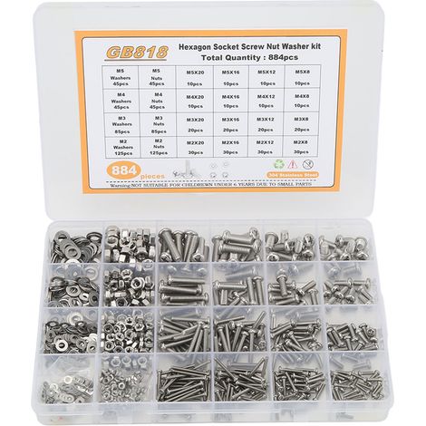 Kit de 884 vis, écrous et rondelles cruciformes avec clé hexagonale M2, M3, M4 et M5 en acier inoxydable 304 (1/5)