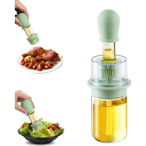 Distributeur d'huile avec brosse 2 en 1 180 ml Distributeur d'huile d'olive et bouteille de vinaigre avec pinceau à pâtisserie en silicone pour cuisine barbecue salade cuisson au four (Vert)1pcs (1/5)
