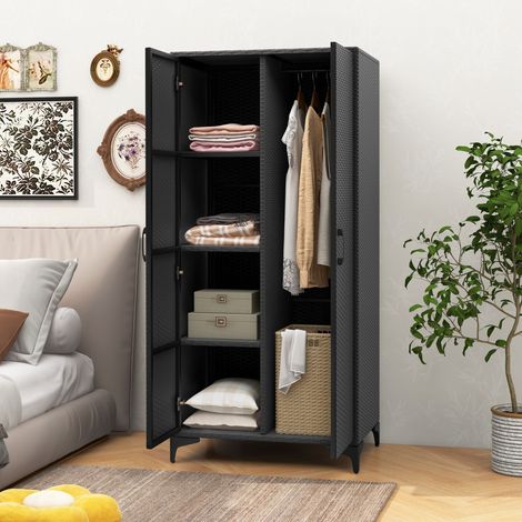 Armoire Penderie 157 cm Osier PE 2 Portes Tringle 4 Cubes Rangement Vêtements Noir CW56300 (1/2)