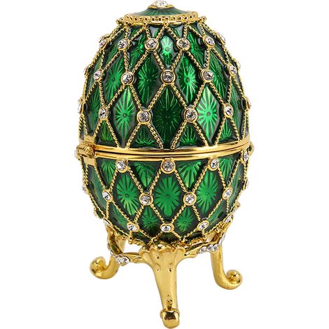 Un exquis coffret à bijoux ancien en forme d'œuf, orné de strass et muni de charnières, de couleur verte, parfait pour le salon. (1/5)