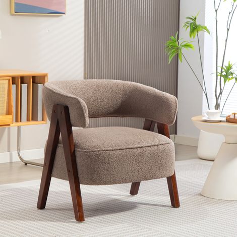 Butaca de Salón Tapizada en Borreguito Acolchada Gruesa Patas de Madera Respaldo Curvado 70x64x71 cm Marrón Claro (1/5)