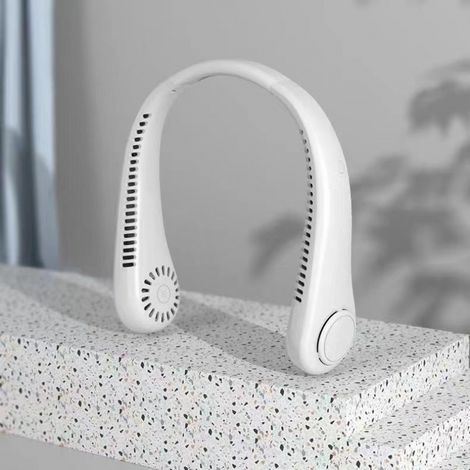 Ventilador de cuello portátil con 3 velocidades y flujo de aire de 360°, ideal para viajes, trabajo de oficina y actividades al aire libre. Color blanco. (1/5)