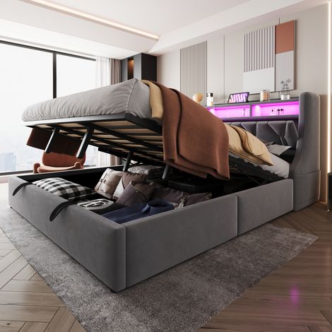 Letto imbottito 180x200 cm grigio con contenitore, testiera ribaltabile e LED (1/5)
