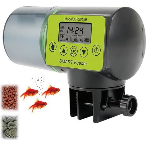 Distributeur automatique de nourriture pour poissons - Capacité : 200 ml - Minuterie et distribution multi-étapes - Convient aux aquariums - Plastique - Vert (1/5)