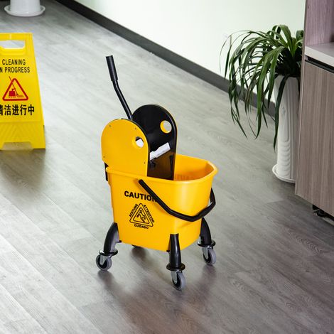 Chariot de nettoyage, seau à roulettes, seau de nettoyage, chariot à serpillière avec essoreuse, 26 litres, jaune, 44 x 36 x 90 cm