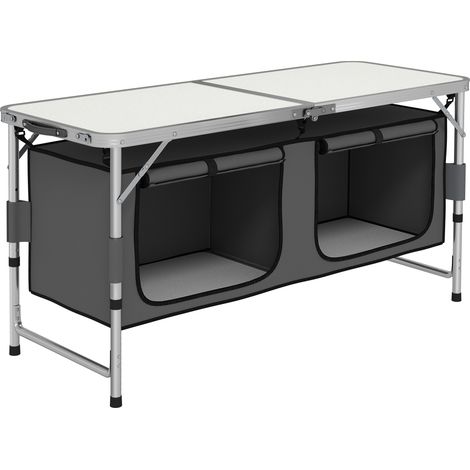 Outsunny 4ft Folding Camping Cupboard Kitchen, Height Adjustable Aluminium Camping Table with Storage, Lightweight Picnic Table for Outdoor Garden BBQ Party