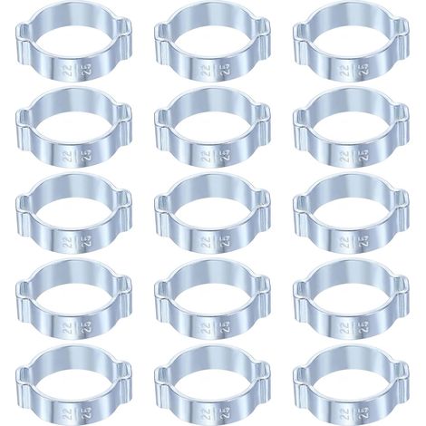 15 Stück Doppelohr-Schlauchschellen 22–25 mm, verzinkter Stahl, silberfarben (1/5)
