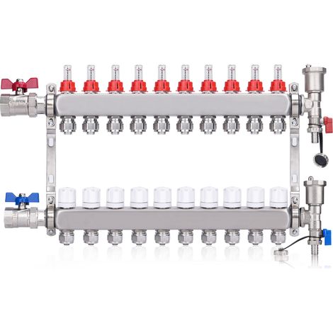 Kit Collecteur Radiateur, 10 Circuits Distributeur Chauffage, avec Eurocône 3/4 (16 x 2 mm), Vannes à Boisseau Sphérique 1", avec Purgeur Manuel et Débitmètre, Distributeur HKV