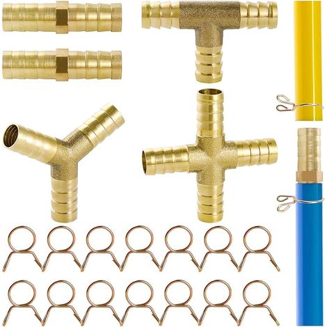 5 Pièces 10mm Raccord tuyau en laiton, Connecteur de Tuyau de Carburant en 2/3/4 Voies, Connecteur Barbelé, avec 14 Colliers de Serrage, pour Carburant, Air, Eau, Gazole, Pétrole (1/5)