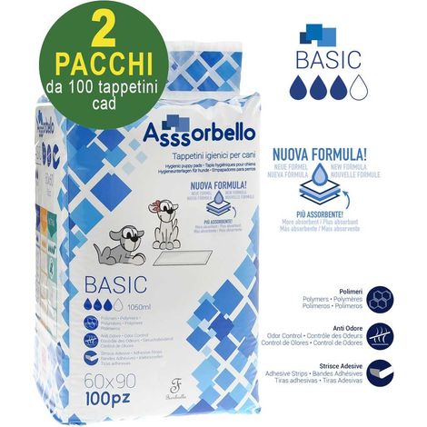 200 Asssorbello Basic 60x90 cm tapis hygiéniques pour chiens - 2 paquets de 100 pièces chacun