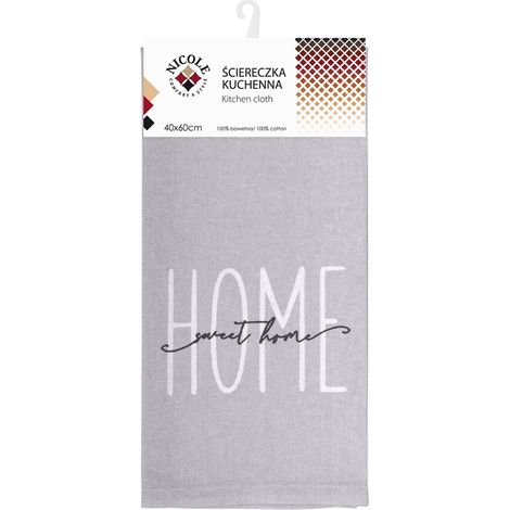 Strofinaccio da cucina Nicole in cotone 40x60 cm art. 52317 grigio con la scritta "home sweet home" (1/3)