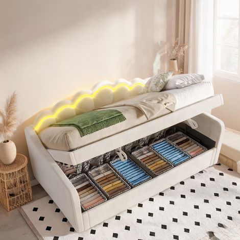 Cadre de lit beige en velours 214 x 98 x 87 cm (1/5)