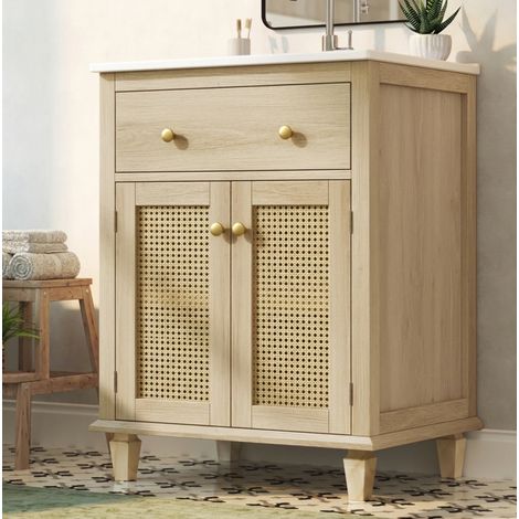 Waschtischschrank (61x47x87 cm), mit Klappschublade, Rattan-Türen, Keramikwaschbecken, MDF, Naturholzoptik (1/5)