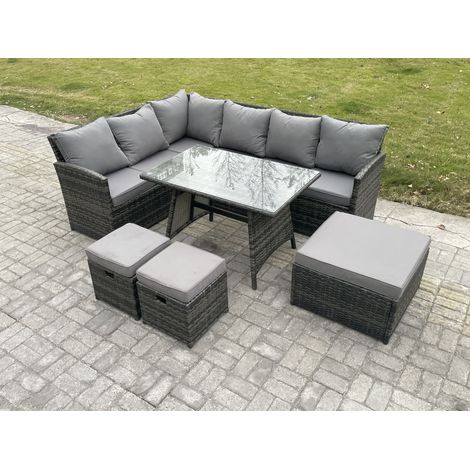 Fimous Wicker Rattan Garden Furniture Corner Sofa Set with Oblong Dining Table 3 Footstools 9 Seater Outdoor Rattan Set Dark Grey Mixed