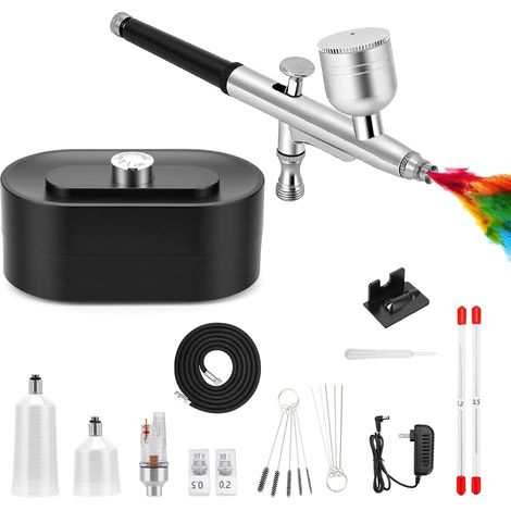 Kit Compresseur pour Aérographe 48 PSI, Double Action Ensemble Aérographe avec Buses de 0,2/0,3/0,5 mm, 3 Modes Réglable à pour Modélisme, Tatouage, Maquillage, Pâtisserie et Manucure (1/5)