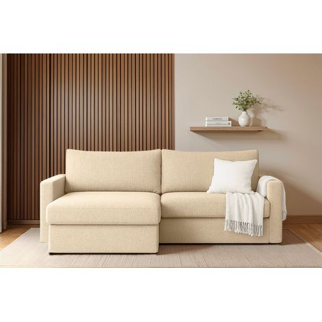 Ecksofa Sofa mit Schlaffunktion BENDIK Stoff Faro Creme Ottomane Links (1/3)