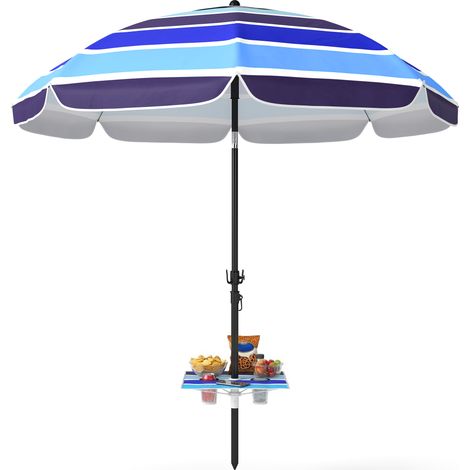 Ombrellone da Spiaggia con Tavolino e Portabicchieri, in Metallo e Poliestere, Ø198x214 cm, Multicolore