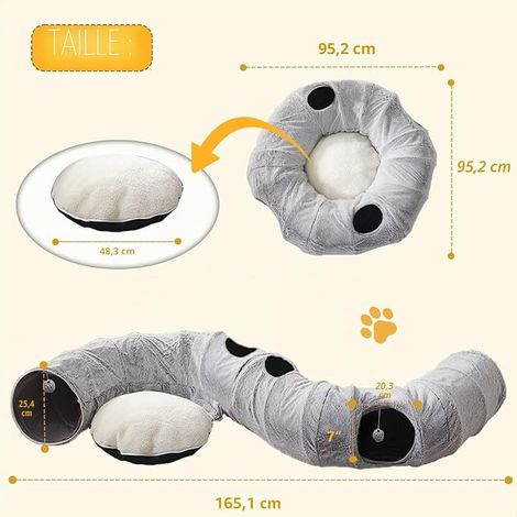 Tunnel pour Chat d'intérieur – Tunnel en Forme de Donut pour Chat avec Coussin Circulaire Lavable, Jouet Rond pour Chaton/Chiot/Lapin, Gris (1/2)