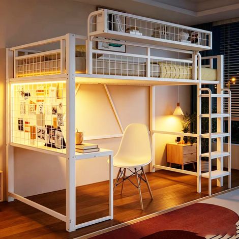 Lit mezzanine enfant lit combiné 90x200 cm en métal avec bureau, filet de rangement, panier amovible, led, prise, échelle et garde-corps, blanc (1/4)