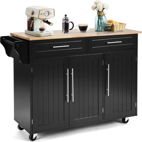 Amplia isla de cocina con ruedas 121 x 46 x 93 cm con 2 cajones diseño práctico en madera de caucho negra 200017941