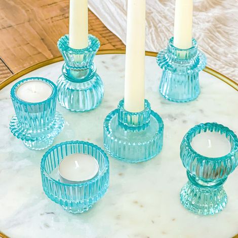 Lot de 6 bougeoirs Vintage en Verre nervuré Bleu, Bougies piliers, Bougies Chauffe-Plat et Bougies votives (3 Tailles Assorties), décoration de Table à Manger, décoration d'étagère, Centre (1/5)