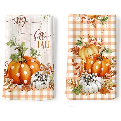 Torchons de Cuisine Lot de 2, Citrouille à Pois d'automne Essuie Main Absorbante 100% Coton Torchon Vaisselle Saisonnier Cadeaux pour Crémaillère Décoratif 48 cm x 70 cm (1/5)