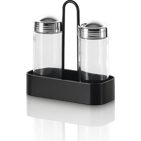 Set Salz und schwarzer Pfeffer mit Glasbehältern und Metallhalterung