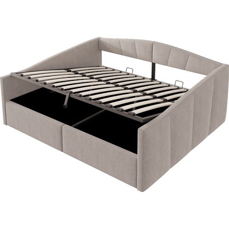 Cama tapizada 140 x 200 cm con almacenaje hidráulico, somier de láminas y reposabrazos (1/5)
