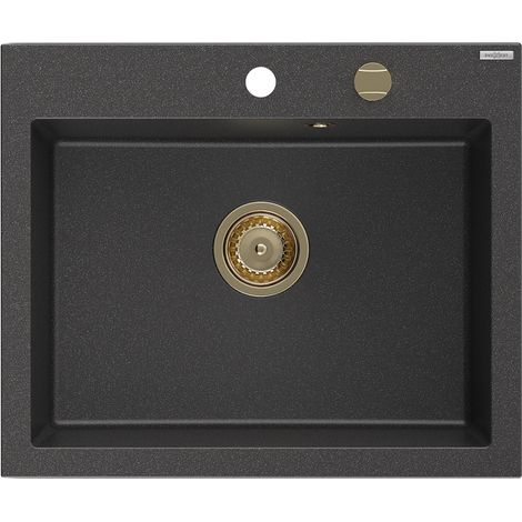 Fregadero gran铆tico Mexen Elix de 1 cubeta 600 x 500 mm, negro moteado, sif贸n dorado - 6525601005-76-G (1/5)
