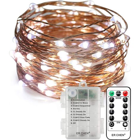 Guirlande lumineuse à piles, 10 m (33 pi), 100 LED, 8 modes d'éclairage, avec télécommande pour jardin et terrasse (1/5)