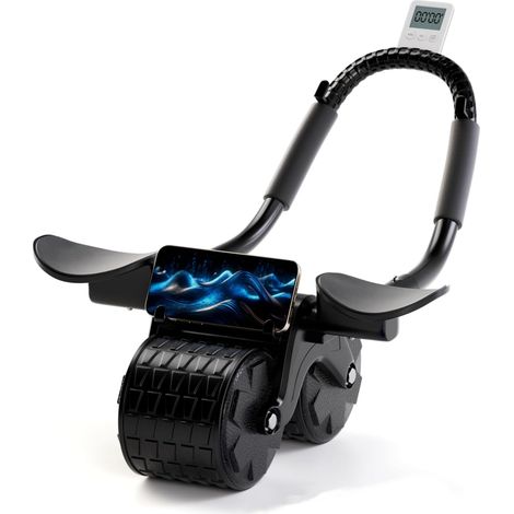 Roue abdominale à rebond automatique avec support pour les coudes, tapis pour les genoux et minuteur – Entraînement abdominal efficace – Noire (1/4)