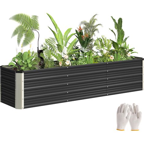 Outsunny Bac surélevé en acier pour jardin, pot pour plantes et fleurs, avec gants, gris, 183 x 47 x 40 cm