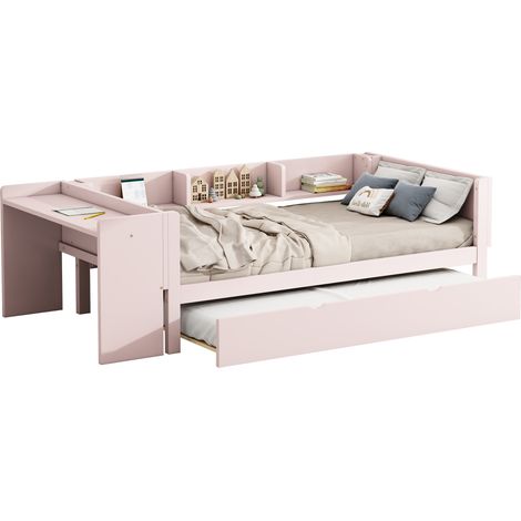 Lit enfant en pin massif/MDF rose 90x200 cm avec lit gigogne, bureau et 3 étagères latérales (1/5)