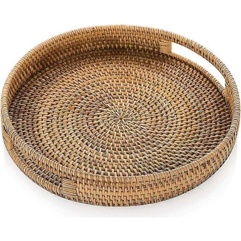 Plateau en rotin tressé à la main de 30 cm avec poignées, style rustique (1/5)