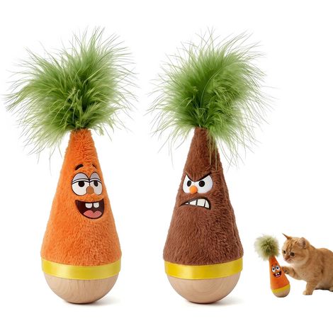 Jouet à bascule en bois pour chat, lot de 2 toupies redressables en forme de carotte, base en hêtre naturel avec peluche, jouet interactif silencieux sans batterie pour l'enrichissement des chats d'in (1/5)