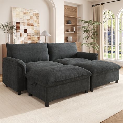 Canapé Modulaire - 216x77x82cm - Forme U d'Angle Style Cloud avec 2 Poufs Amovibles Coffres de Rangement Chenille - Noir (1/5)