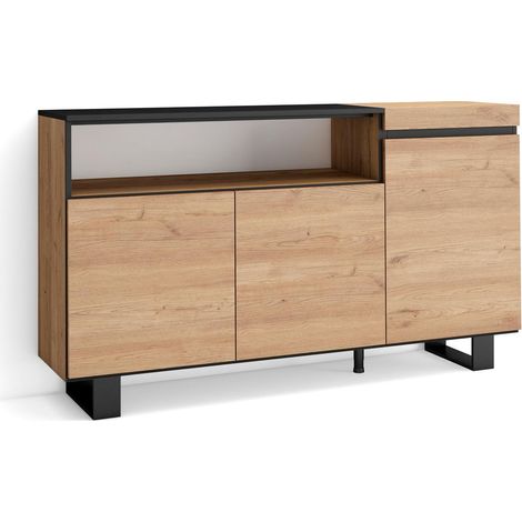 Skraut Home – Buffet salon et cuisine 150x35x87cm – 3 portes – Chêne et noir – Pieds en métal style industriel – Grand rangement (1/5)