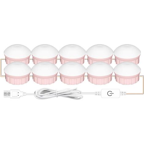 Miroir lumineux LED rose 10 lampes, éclairage à 3 teintes réglable USB 5V, lampe de coiffeuse à intensité variable, boîte cadeau, 1 pièce.