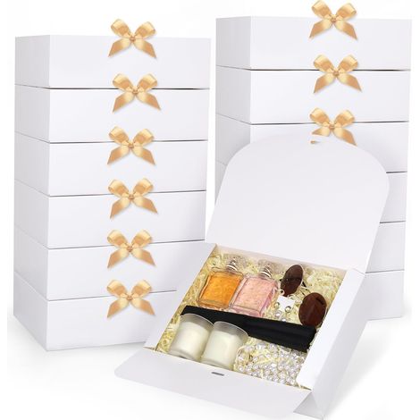 12 x Gift Boxes with Lids, 27 x 20 x 8 cm Rectangular Cardboard Box, White Gift Packaging Box with Gold Ribbon for Wedding, Birthday, Valentine's Day, Party, Christmas (1/5)