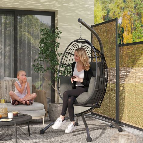Fauteuil œuf suspendu, panier pliable, coussin rembourré, avec porte-gobelet, 120x88x192cm, gris foncé