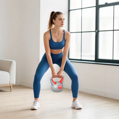 Kettlebell de salle de sport 14kg PU & sable avec base plate & prise pour soulevés de terre - 26x18x32 cm - squats et soulevés - rouge