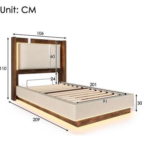 Lit enfant 90x200 cm, capitonné, avec sommier à lattes, éclairage LED et coffre de rangement, vérins hydrauliques, coloris lin beige et noyer, sans matelas (1/4)