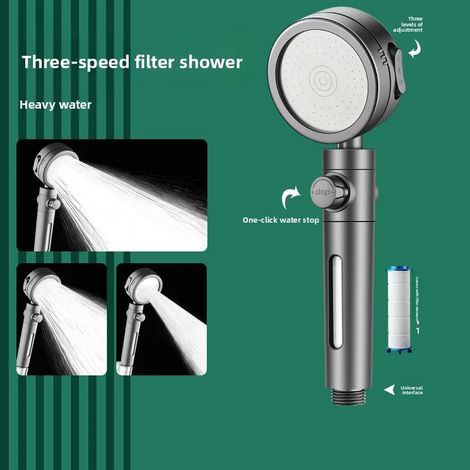 Pommeau de douche filtrant (gris) avec 3 modes de jet et fonction d'arrêt à un bouton. (1/5)