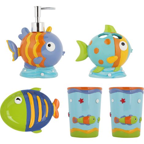 Ensemble de salle de bain enfant en résine 5 pièces, distributeur de brosses à dents, ensemble de salle de bain à motif de poisson (1/5)